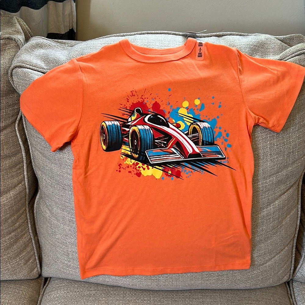 Orange Graphic T-Shirt with Race Car Design